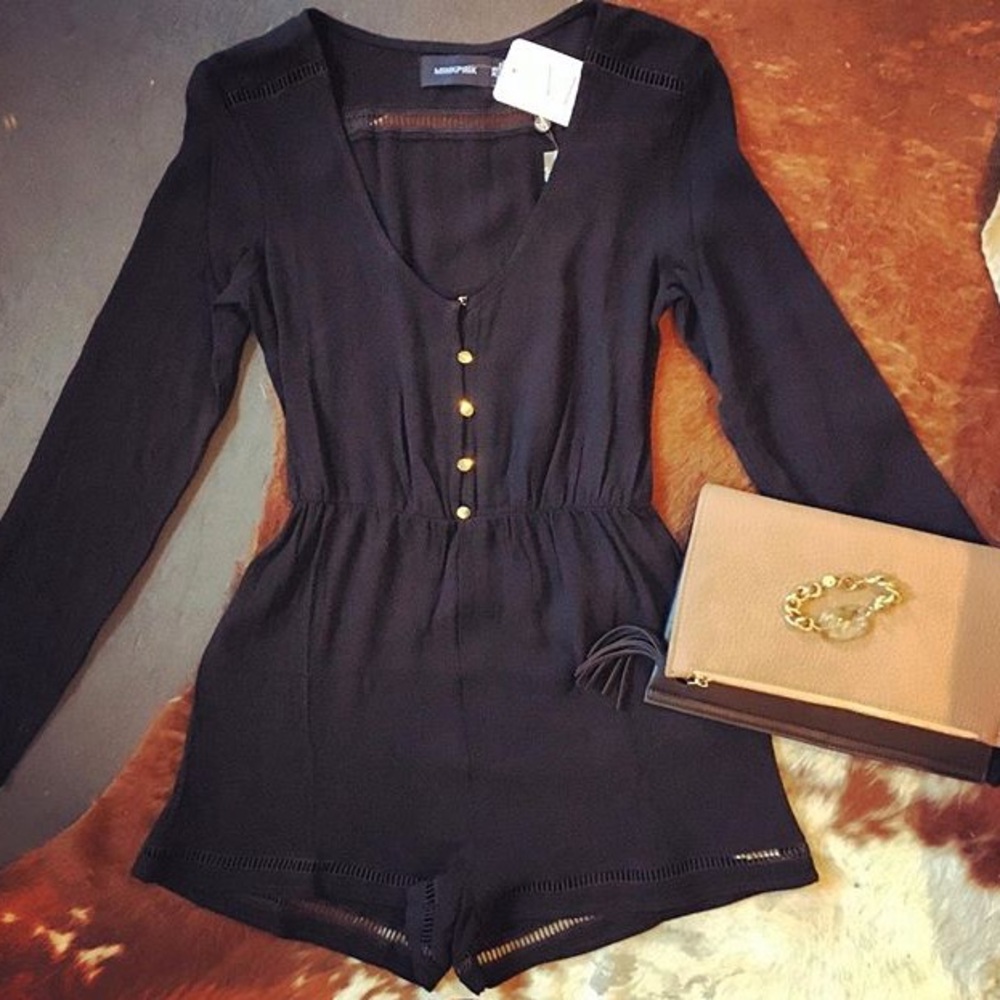 MINKPINK Black Long-Sleeve Romper with Gold Buttons
